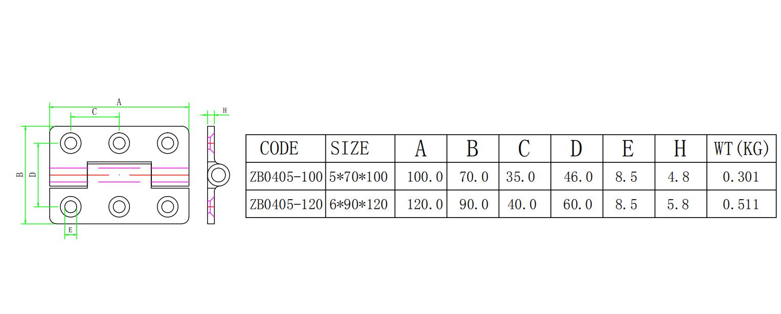 ZB0405三段六孔合页-尺寸图