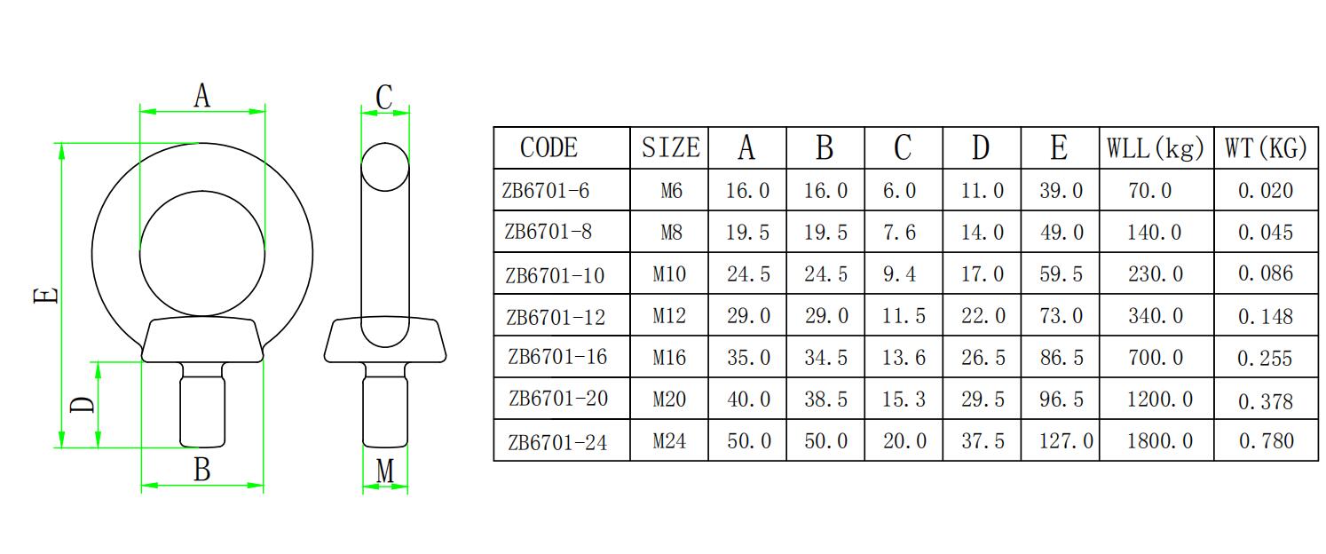 ZB6701 DIN580吊环螺丝-尺寸图ZB6701 DIN580吊环