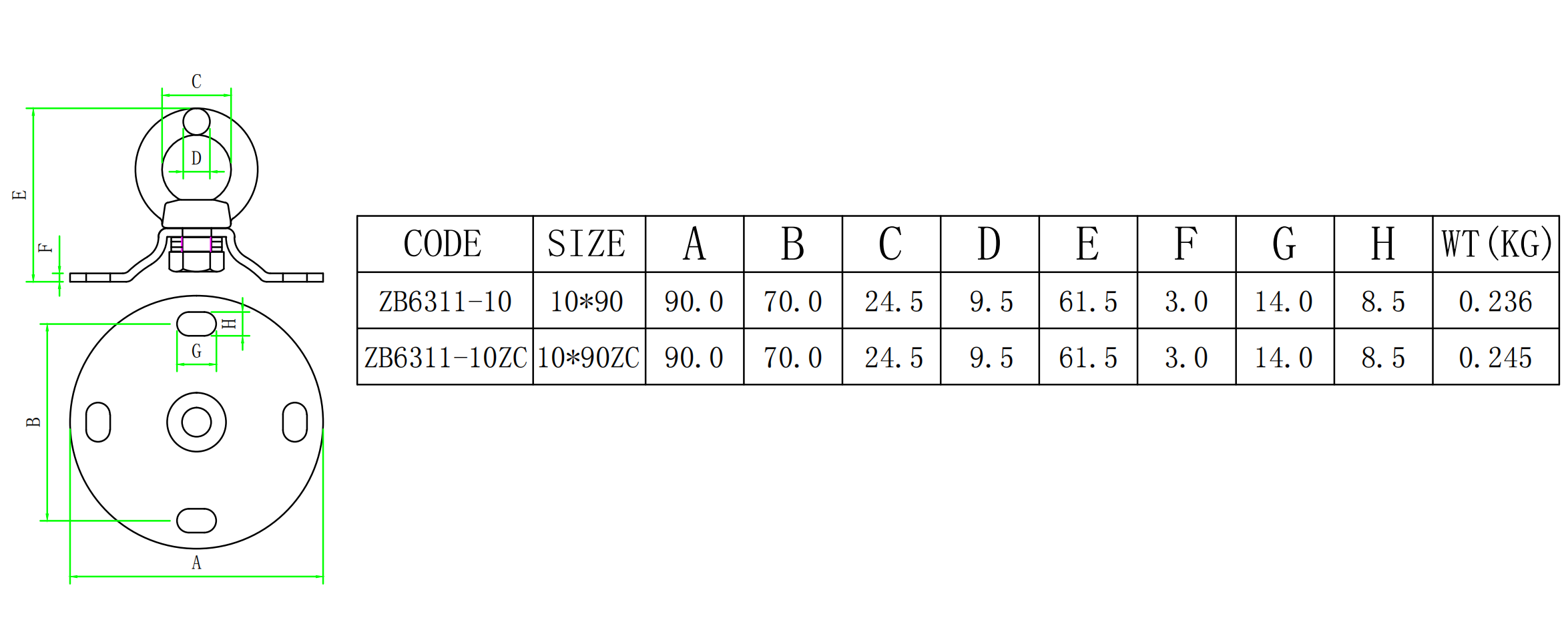 ZB6311旋转四孔圆门扣-尺寸图
