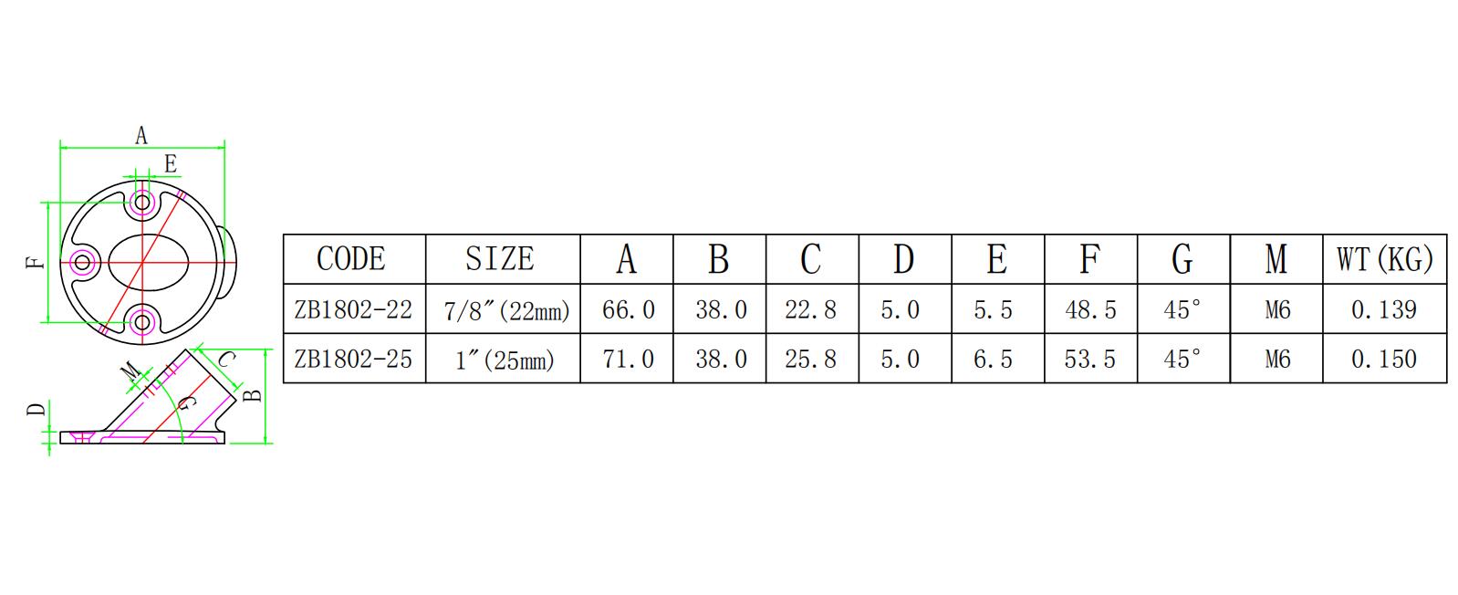 ZB1802 45度圆管座-尺寸图