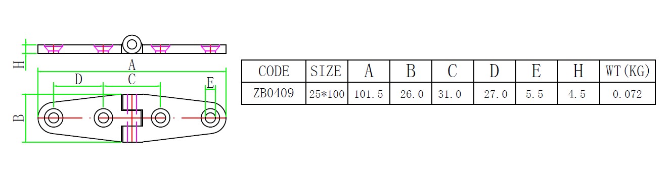 ZB0409 一字四孔合页-简图