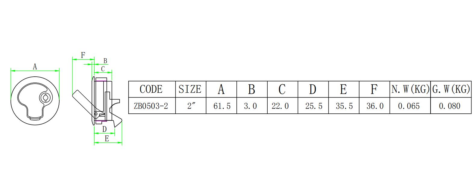 ZB0503带钥匙塑料圆锁-尺寸图